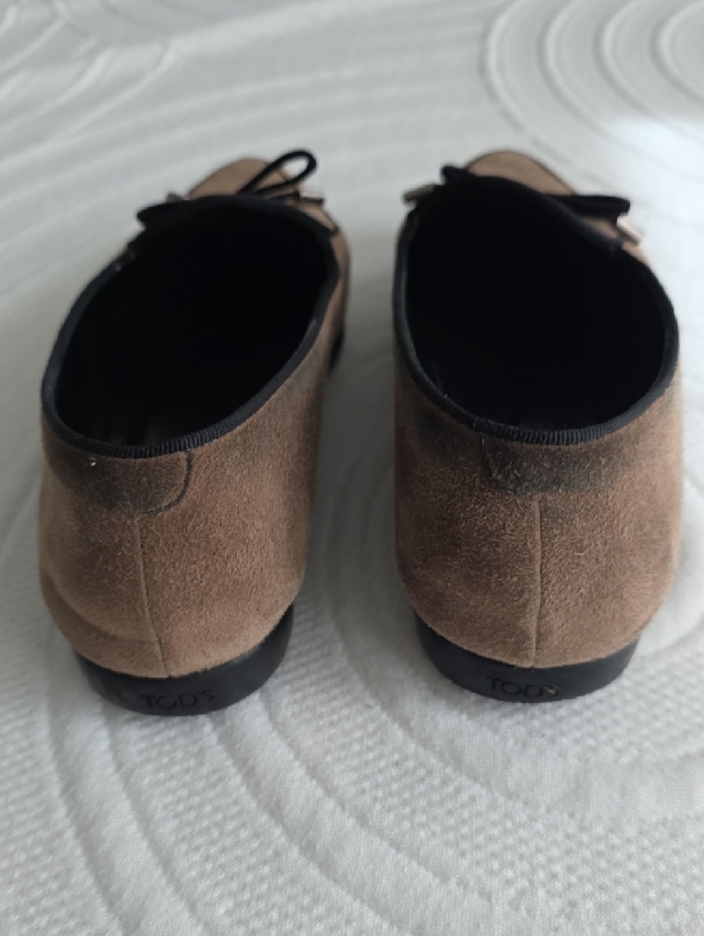 Tod's Taupe Suede Loafers with Black Trim and Bow - Picture 5 of 6